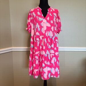 Bright Pink Abstract Print Tiered Babydoll Dress Size M Puff Sleeve
